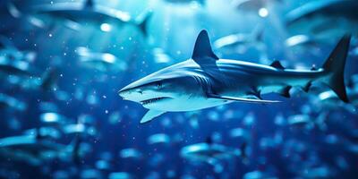 ai generiert wild Leben unter Wasser Natur draussen Meer Ozean groß Fisch Blau Hai Hintergrund. tief tauchen Tauchen Tauchen Jäger Tier foto