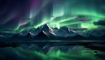 ai generiert majestätisch Berg Gipfel spiegelt sternenklar Nacht im still Arktis Landschaft generiert durch ai foto