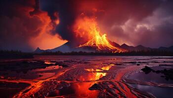 ai generiert glühend Lagerfeuer bricht aus, schmelzen Stahl im Natur feurig Inferno generiert durch ai foto