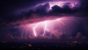 ai generiert hell Blau Himmel, dunkel Silhouette Baum, beschwingt Blitz Bolzen generiert durch ai foto