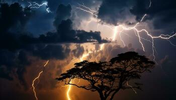 ai generiert hell Blau Himmel, dunkel Silhouette Baum, beschwingt Blitz Bolzen generiert durch ai foto