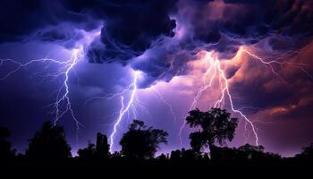 ai generiert hell Blau Himmel, dunkel Silhouette Baum, beschwingt Blitz Bolzen generiert durch ai foto