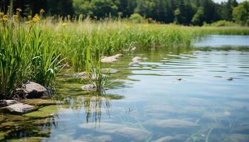 ai generiert still Szene Grün Wald, fließend Wasser, reflektieren Sonnenlicht, natürlich Schönheit generiert durch ai foto