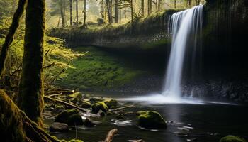 ai generiert majestätisch Wasserfall fließend durch tropisch Regenwald, ein atemberaubend Abenteuer generiert durch ai foto