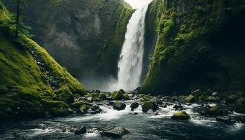 ai generiert majestätisch Wasserfall fließend durch tropisch Regenwald, ein atemberaubend Abenteuer generiert durch ai foto