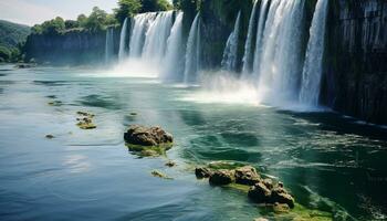 ai generiert majestätisch Wasserfall fließend durch tropisch Regenwald, ein atemberaubend Abenteuer generiert durch ai foto