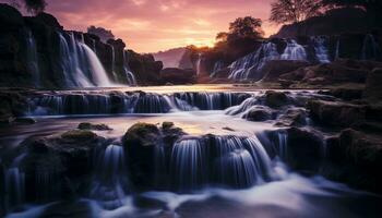 ai generiert majestätisch Wasserfall fließend durch tropisch Regenwald, ein atemberaubend Abenteuer generiert durch ai foto