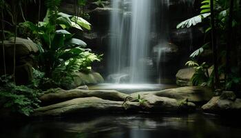 ai generiert majestätisch Berg Bereich, fließend Wasser, still Szene, Natur Schönheit generiert durch ai foto