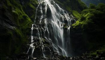 ai generiert majestätisch Berg Bereich, fließend Wasser, still Szene, Natur Schönheit generiert durch ai foto