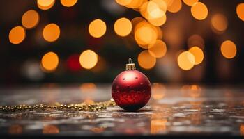 ai generiert glänzend Gold Ornament leuchtet, leuchten festlich Weihnachten Baum Dekor generiert durch ai foto