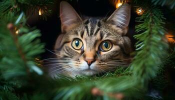 süß Kätzchen Sitzung auf Zweig, starren beim beleuchtet Geschenk generiert durch ai foto