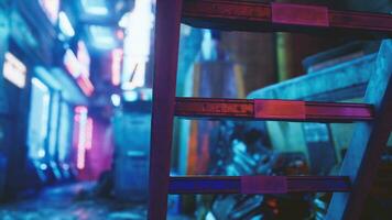 asiatisch Stadt, Dorf mit Neon- Licht von Werbetafeln und Werbung im Nachtleben foto