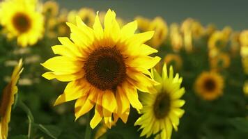 ein beschwingt Sonnenblume Stehen hoch unter ein Meer von Sonnenblumen im ein sonnig Feld foto