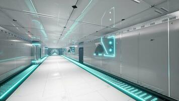 ein futuristisch Labor Flur beleuchtet durch beschwingt Neon- Beleuchtung foto