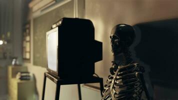 ein Skelett Sitzung im Vorderseite von ein Fernseher im ein Zimmer foto