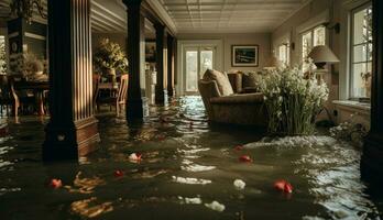 ai generiert Haus umgeben durch schmutzig Hochwasser im Antenne Aussicht foto