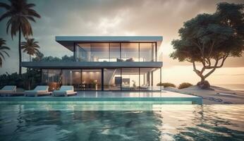 ai generiert Design Haus modern Villa mit öffnen planen Leben und Privat Schlafzimmer Flügel. groß Terrasse mit Privatsphäre Und, Schwimmen Schwimmbad. generativ ai. foto