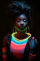 Porträt von jung afrikanisch amerikanisch Frau im Neon- Licht. ai generiert foto