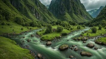ai generiert majestätisch Grün moosig Senke mit Fluss und Berge foto
