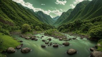 ai generiert majestätisch Grün moosig Senke mit Fluss und Berge foto