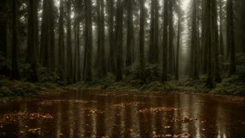 ai generiert majestätisch neblig Ausruhen Lust regnerisch Wald mit ein leicht Nebel foto