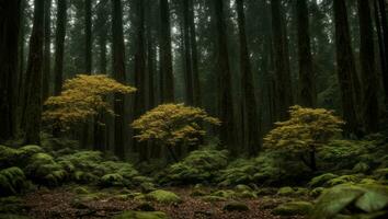 ai generiert majestätisch neblig Ausruhen Lust regnerisch Wald mit ein leicht Nebel foto