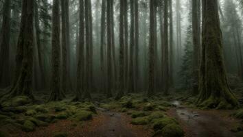 ai generiert majestätisch neblig Ausruhen Lust regnerisch Wald mit ein leicht Nebel foto