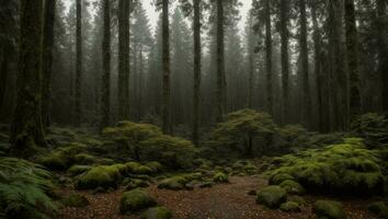 ai generiert majestätisch neblig Ausruhen Lust regnerisch Wald mit ein leicht Nebel foto