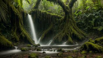 ai generiert majestätisch dicht Regen Wald mit Frühling Wasser foto