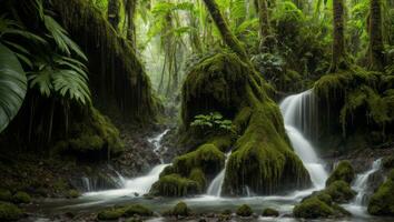 ai generiert majestätisch dicht Regen Wald mit Frühling Wasser foto