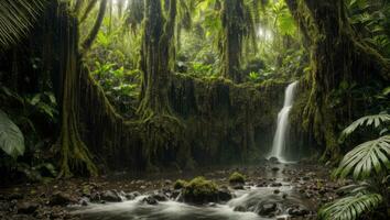 ai generiert majestätisch dicht Regen Wald mit Frühling Wasser foto