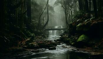 ai generiert majestätisch Wasserfall fließend durch tropisch Regenwald, ein atemberaubend Abenteuer generiert durch ai foto