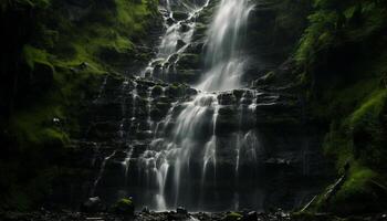 ai generiert majestätisch Wasserfall fließend durch tropisch Regenwald, ein atemberaubend Abenteuer generiert durch ai foto