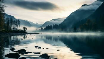 ai generiert majestätisch Berg Angebot spiegelt im still Wasser, präsentieren natürlich Schönheit generiert durch ai foto