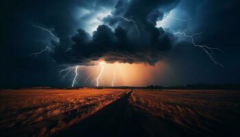 ai generiert dramatisch Himmel, dunkel Nacht, Gewitter, majestätisch Berge, nass Gras generiert durch ai foto