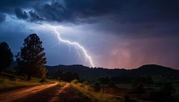 ai generiert dramatisch Himmel, dunkel Nacht, Gewitter, majestätisch Berge, nass Gras generiert durch ai foto