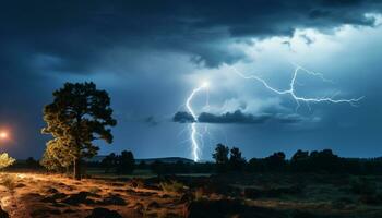 ai generiert dramatisch Himmel, dunkel Nacht, Gewitter, majestätisch Berge, nass Gras generiert durch ai foto