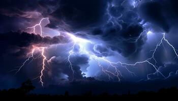 ai generiert dramatisch Himmel, dunkel Nacht, Gewitter, majestätisch Berge, nass Gras generiert durch ai foto