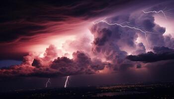 ai generiert hell Blau Himmel, dunkel Silhouette Baum, beschwingt Blitz Bolzen generiert durch ai foto