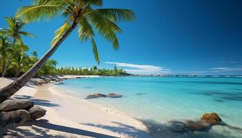 ai generiert tropisch Küste, Blau Wasser, Palme Bäume Sommer- Ferien Paradies generiert durch ai foto