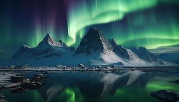 ai generiert majestätisch Berg Gipfel spiegelt sternenklar Nacht im still Arktis Landschaft generiert durch ai foto