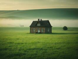 ai generiert Landschaft Aussicht von Haus im Grün Feld foto