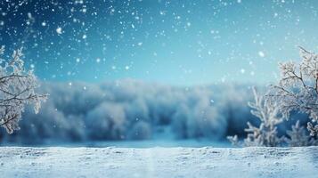 ai generiert Winter Schnee und Illustration mit Kiefer Bäume und klar Himmel foto