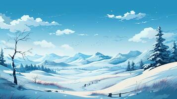 ai generiert Winter Schnee und Illustration mit Kiefer Bäume und klar Himmel foto