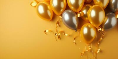 ai generiert Geburtstag Party Banner Gelb und Gold Komposition mit Luftballons, Konfetti, Konzept Geschenkkarte, Kopieren Raum, Gelb Hintergrund foto