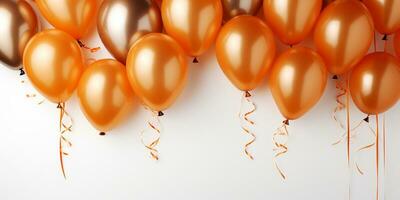 ai generiert Geburtstag Party Banner Orange und Gold Komposition, Luftballons, Konfetti, Konzept Geschenkkarte, Kopieren Raum, Weiß Hintergrund foto