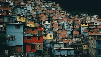 ai generiert generativ ai, Brasilianer Favelas Gemeinschaft, Panorama- Aussicht mit viele Häuser, städtisch Stadt, Dorf Arm Haus Gebäude foto