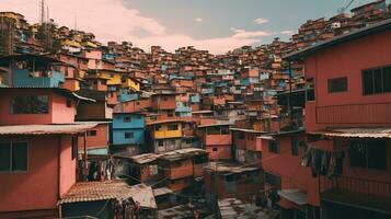 ai generiert generativ ai, Brasilianer Favelas Gemeinschaft, Panorama- Aussicht mit viele Häuser, städtisch Stadt, Dorf Arm Haus Gebäude foto