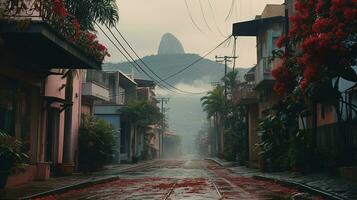 ai generiert generativ ai, Brasilianer Favelas Gemeinschaft, Panorama- Aussicht mit viele Häuser, städtisch Stadt, Dorf Arm Haus Gebäude foto