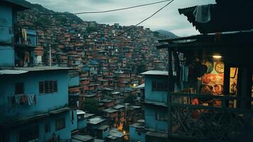 ai generiert generativ ai, Brasilianer Favelas Gemeinschaft, Panorama- Aussicht mit viele Häuser, städtisch Stadt, Dorf Arm Haus Gebäude foto